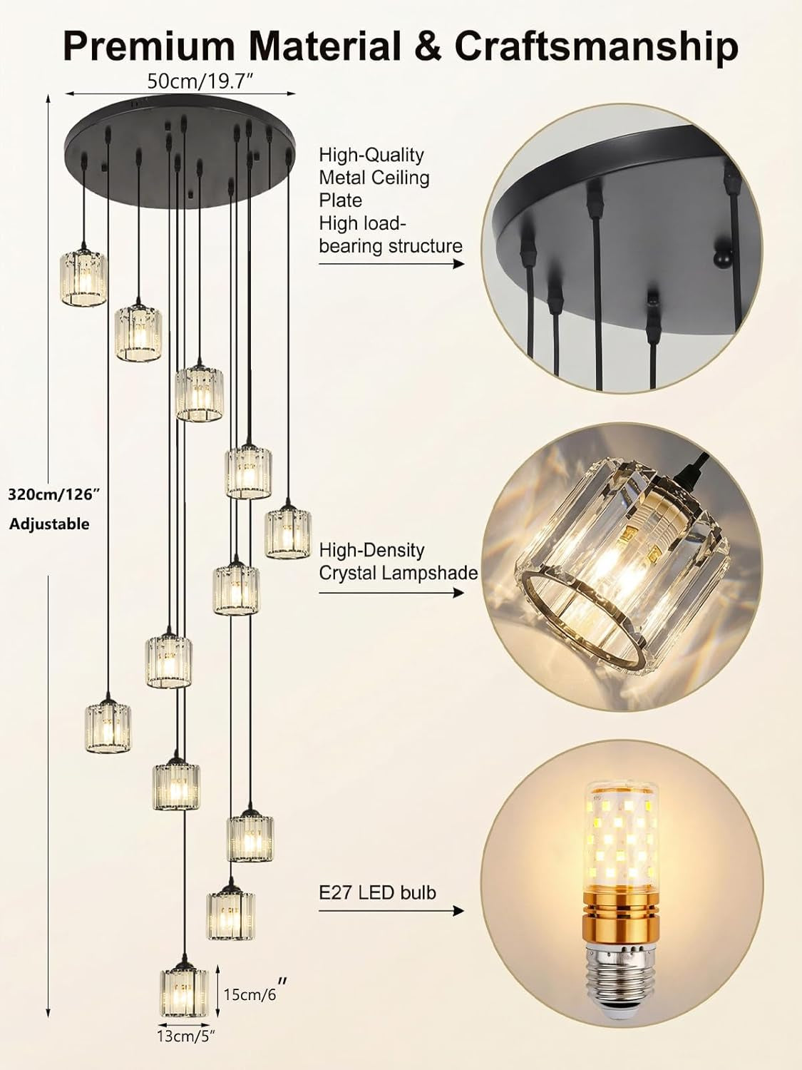 Matte Black Crystal Pendant Chandelier Lighting Fixture-4