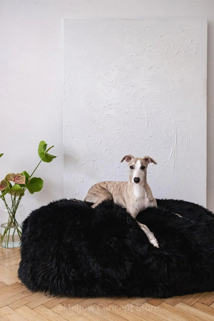Oval Natural Sheepskin Pet Bed - Black-3