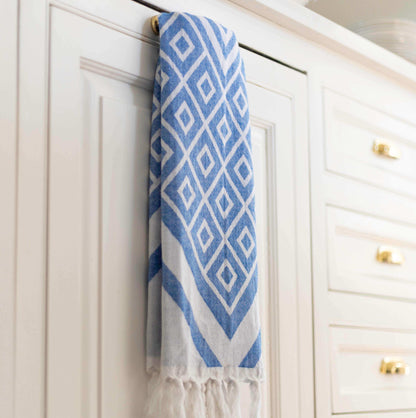 Turkish Hand Towel in Geometric Blue & White-2