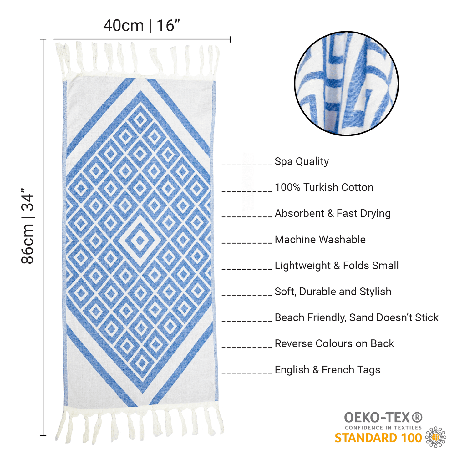 Turkish Hand Towel in Geometric Blue & White-4