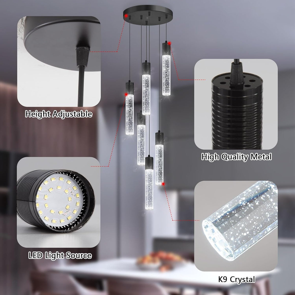 Crystal Pendant Lighting Black 6000K Ceiling Fixture-4